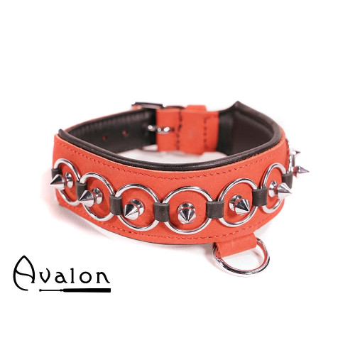 Avalon - WORSHIP - Collar med spisse nagler, ringer og D-ring - Rød og sort Avalon - WORSHIP - Collar med spisse nagler, ringer og D-ring - Rød og sort